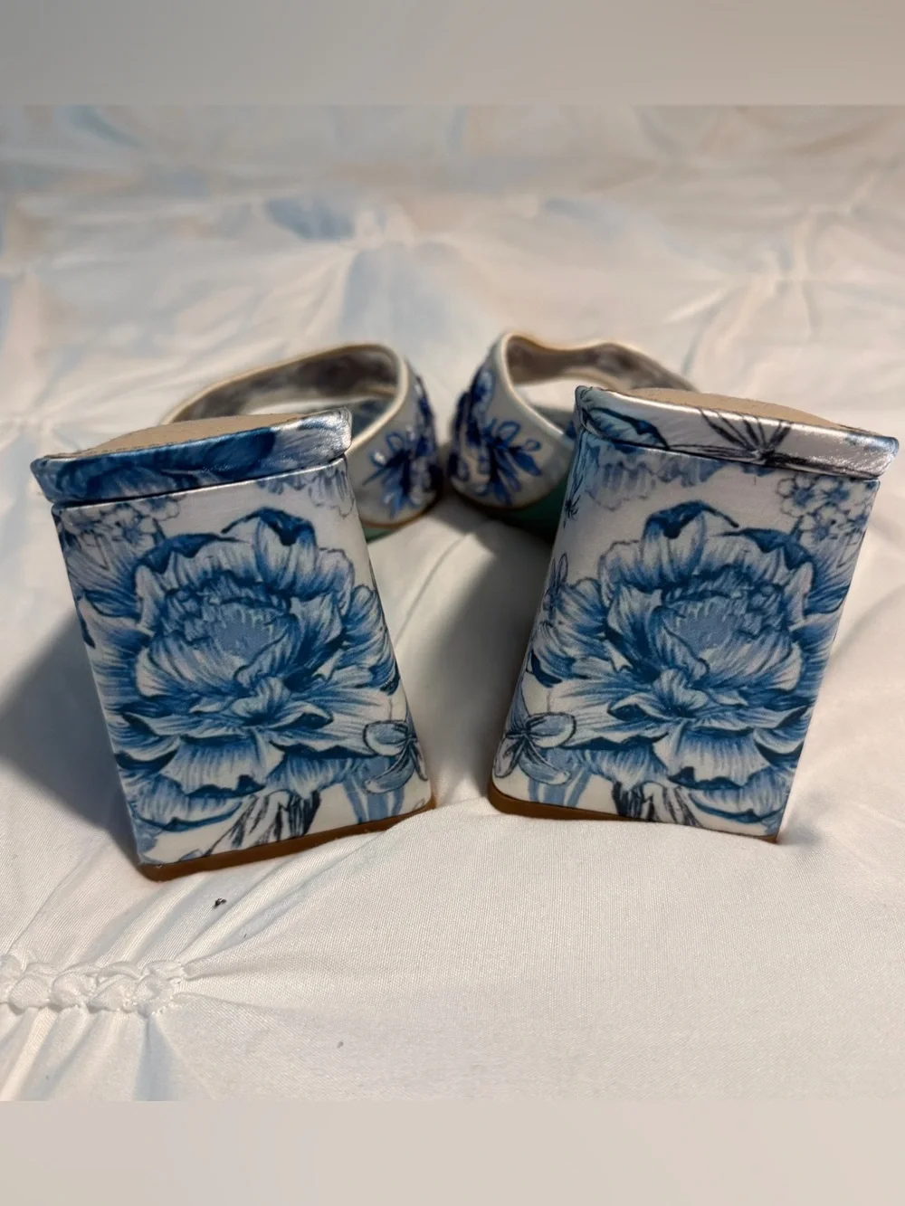 Betsey Johnson White and Blue Floral Block Heel Mules